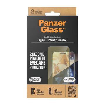 PanzerGlass iPhone 15 Pro Max Ultra-Wide sk&auml;rmskydd med bricka, Anti-Bluelight