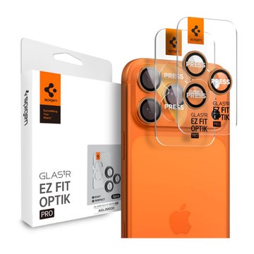 Spigen Optik.tr ez Fit Camera Protector iPhone 16 Pro / 16 Pro Max / 17 Pro / 17 Pro Max skydd f&ouml;r bakre kamerorna, Orange kanter (2-pack)