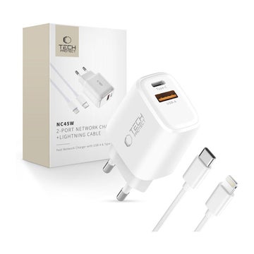 Tech-Protect NCA45W-GAN2 QC -v&auml;ggladdare och Lightning-kabel, Vit