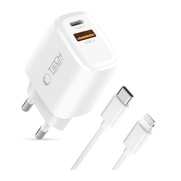 Tech-Protect NCA45W-GAN2 QC -v&auml;ggladdare och Lightning-kabel, Vit