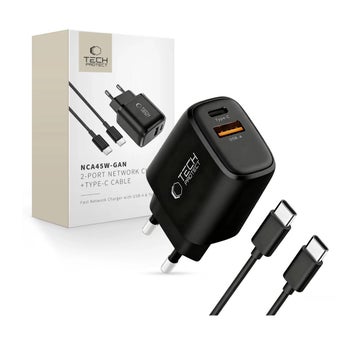 Tech-Protect NCA45W-GAN2 QC -v&auml;ggladdare och USB-C-kabel, Svart
