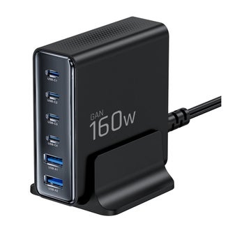 Tech-Protect DC160W-GAN 6-port 2xUSB-A, 4xUSB-C -laddningsstation, Svart
