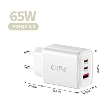 Tech-Protect NCA65W 3-Port v&auml;ggladdare, Vit