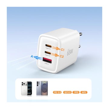 Tech-Protect NCA65W 3-Port v&auml;ggladdare, Vit