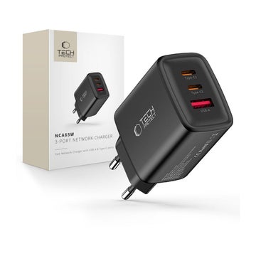 Tech-Protect NCA65W 3-Port v&auml;ggladdare, Svart