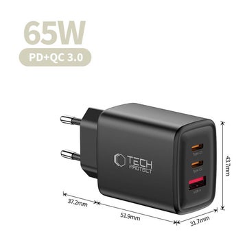 Tech-Protect NCA65W 3-Port v&auml;ggladdare, Svart