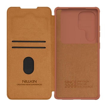Nillkin Qin PRO Samsung Galaxy S25 Ultra 5G fodral i &auml;kta l&auml;der, Brun
