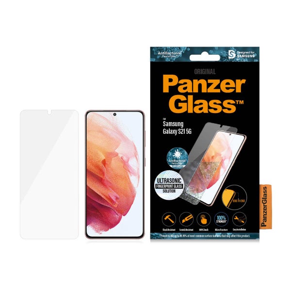 PanzerGlass Samsung Galaxy S21 sk&auml;rmskydd i h&auml;rdat glas, kompatibelt med fingeravtrycksl&auml;sare