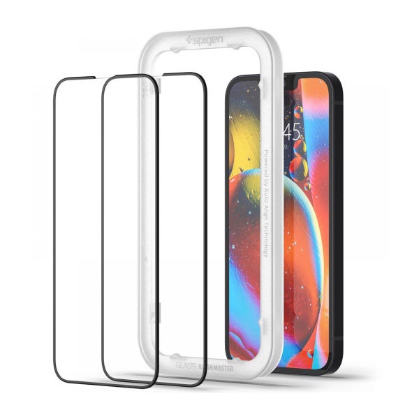 Spigen GLAS.tR Slim AlignMaster iPhone 13 / 13 Pro / 14 / 16e / 17e sk&auml;rmskydd, Svart (med bricka) (2-pack)