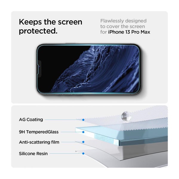Spigen GLAS.tR ez FIT iPhone 13 / 13 Pro / 14 / 16e / 17e sk&auml;rmskydd, Klar / klassiskt (med bricka)