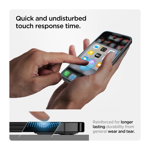 Spigen GLAS.tR ez FIT iPhone 13 / 13 Pro / 14 / 16e / 17e sk&auml;rmskydd, Klar / klassiskt (med bricka)