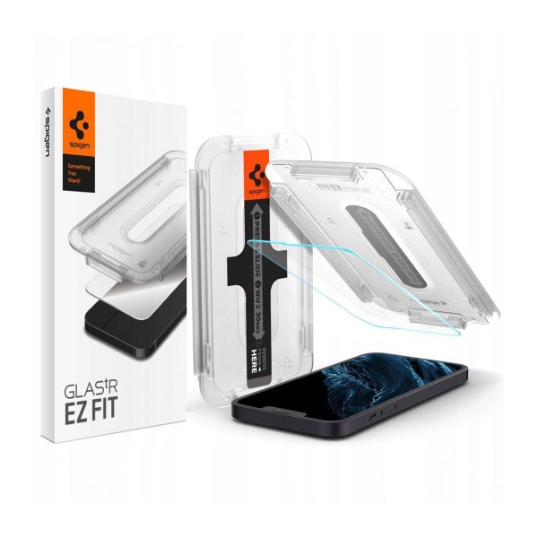Spigen GLAS.tR ez FIT iPhone 13 / 13 Pro / 14 / 16e / 17e sk&auml;rmskydd, Klar / klassiskt (med bricka)
