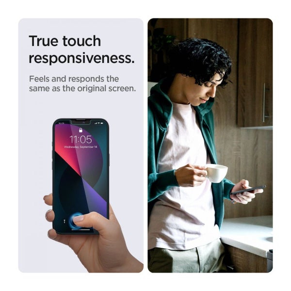Spigen GLAS.tR ez FIT iPhone 13 / 13 Pro / 14 / 16e / 17e sk&auml;rmskydd, Integritetsskydd (2 st., med bricka)