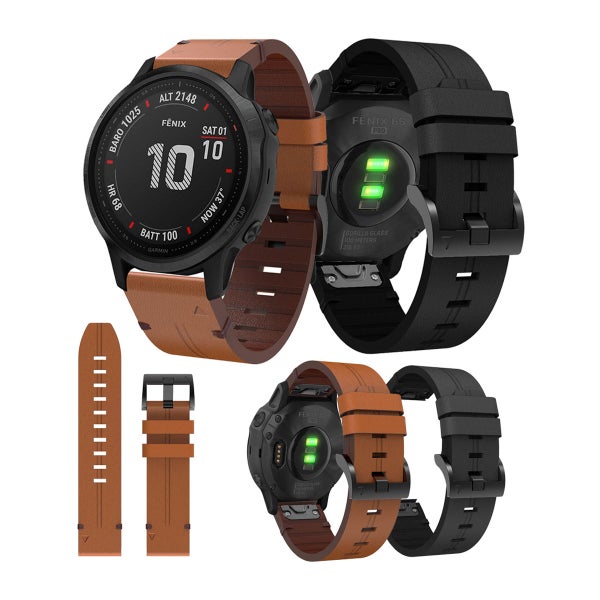 QuickFit armband i &auml;kta l&auml;der (20 mm) f&ouml;r Garmin smartklocka, Svart