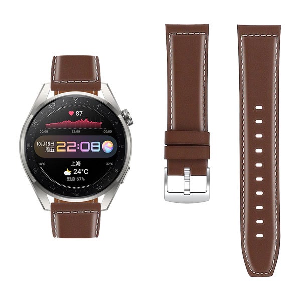 &Auml;kta l&auml;der armband till 22 mm smartklocka, Brun